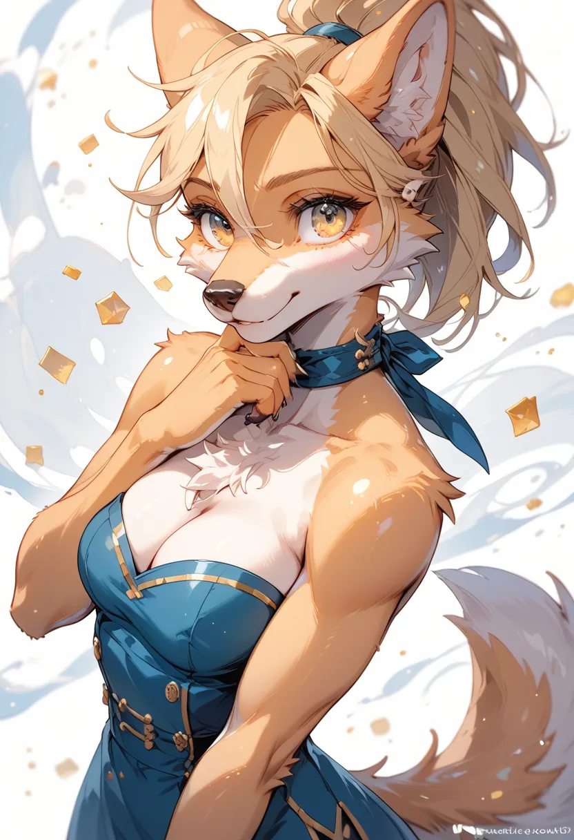 (Masterpiece), best quality, highly detailed CG unity 8k wallpaper, full-body, original, high resolution, (depth of field: 1), solo, adult, female, furry, A golden-furred dog student with an athletic build,blonde hair down her neck and shoulders, large poi...