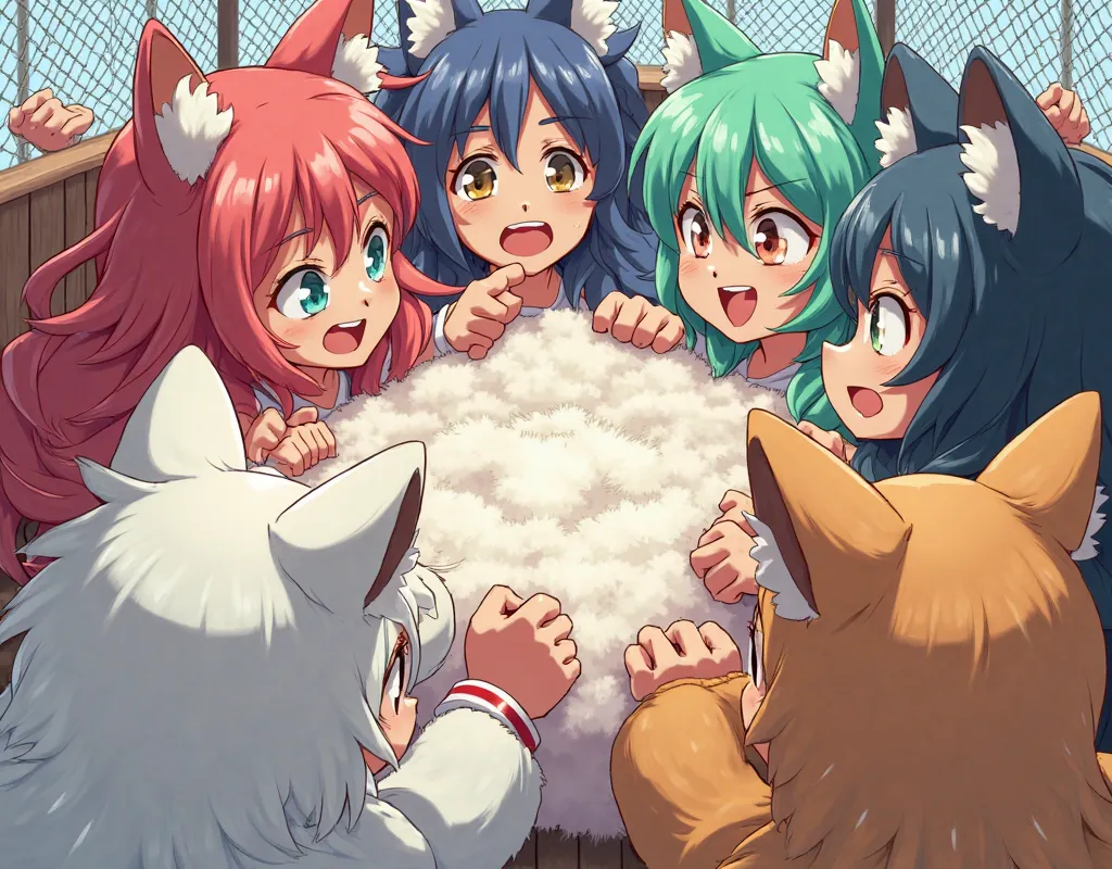 An anime-style illustration depicting many animal-girls playfully wrestling with each other inside a cage comical fight cloud.
each animal-girl has different colored hair and skin.
their faces,hands,and feet are visible emerging from the cloud as they tuss...