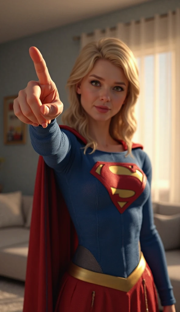 **"A highly detailed 3D-style scene set inside a modern living room, with Supergirl in the foreground, standing with her body slightly turned as she points her finger forward. Her expression is serious and determined, capturing the intensity of the moment....