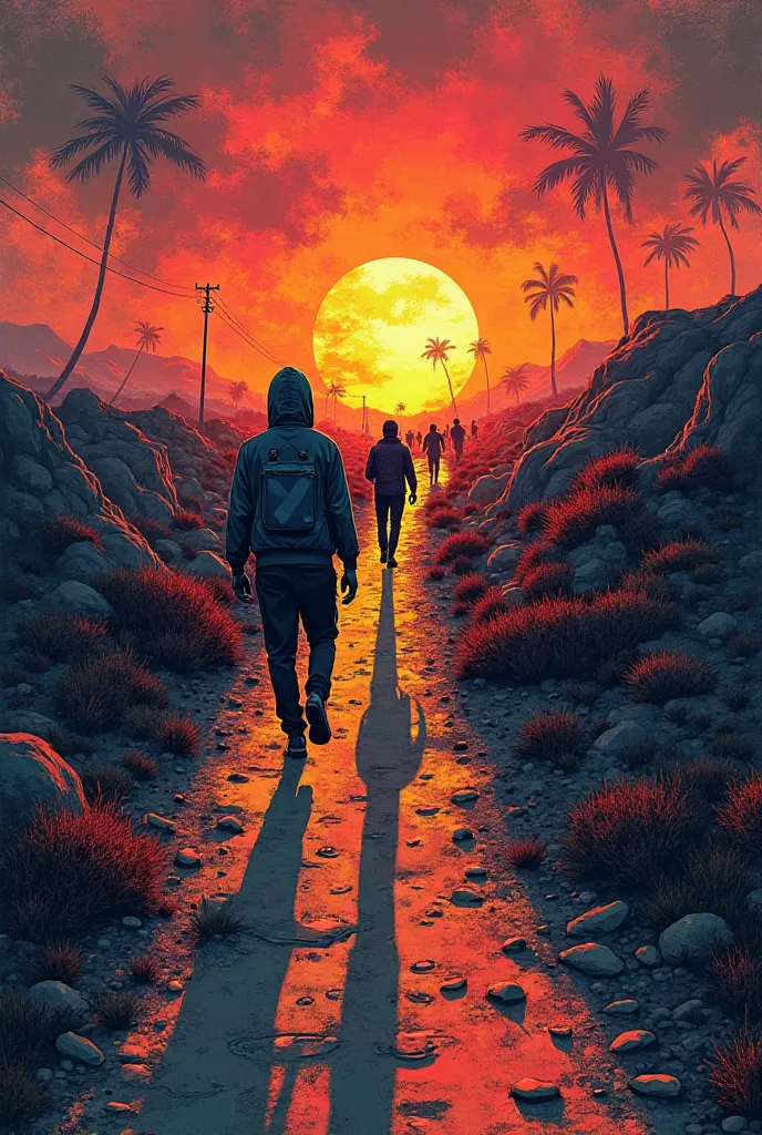 Draw "Hip-Hop Digital Art"Graffiti Style Art"Dark Cartoon Art,"About people walking on an endless path with the sun setting the horizon and the atmosphere gloomy.