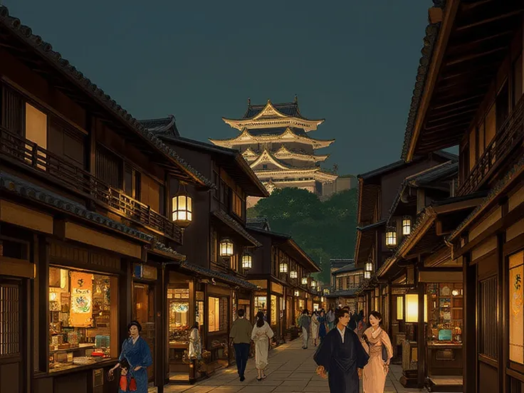 The bustling streets of Edo are alive with activity. Traditional wooden shops and tea houses line the cobblestone roads, illuminated by the gentle glow of lanterns. People in kimonos wander the streets, engaging in lively conversations. In the background, ...