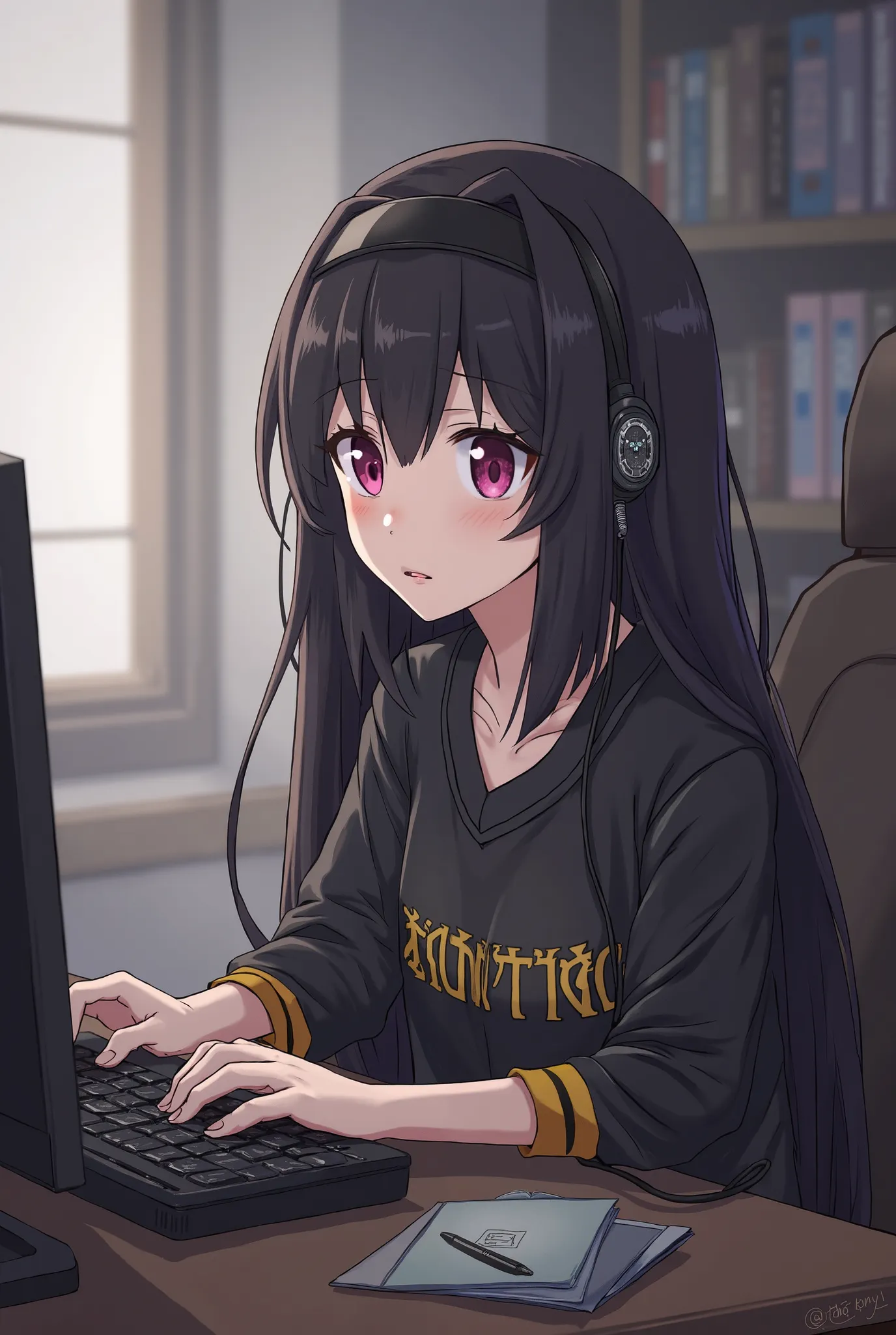 Live-action anime、girls、 slightly troubled expression、Clothes are stylish black jerseys、I&#39;m working、 long haired 、 black hair、eye color is pink、wearing a headband、one&#39;s home、Being alone、 computer work、Wearing headphones