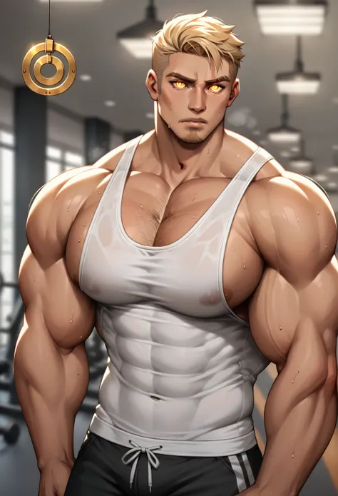 Mike Thurston alone in the gym, staring at golden pendulum, stringer tanktop, gym shorts, muscular, muscles, big biceps, broad shoulders, massive pecs, sweaty, hairy chest, glowing golden spiral in the eyes, blank expression, vacant stare, hypnotized, brai...