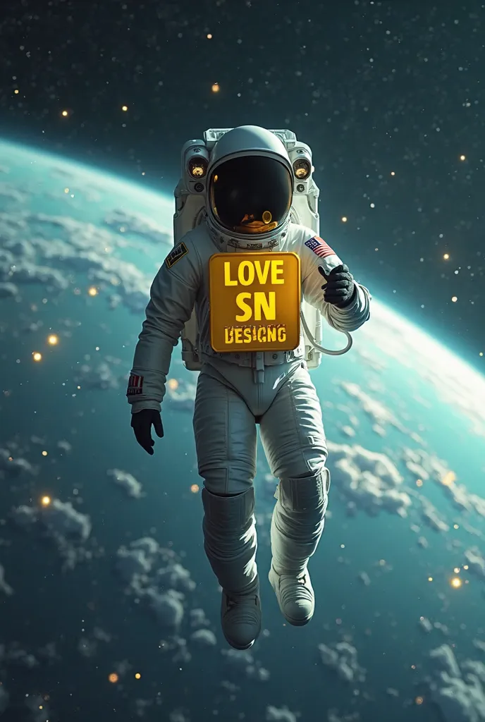 The astronaut, floating in space, was carrying a yellow badge that said: "I love SN design" And show the audience the background as the world.