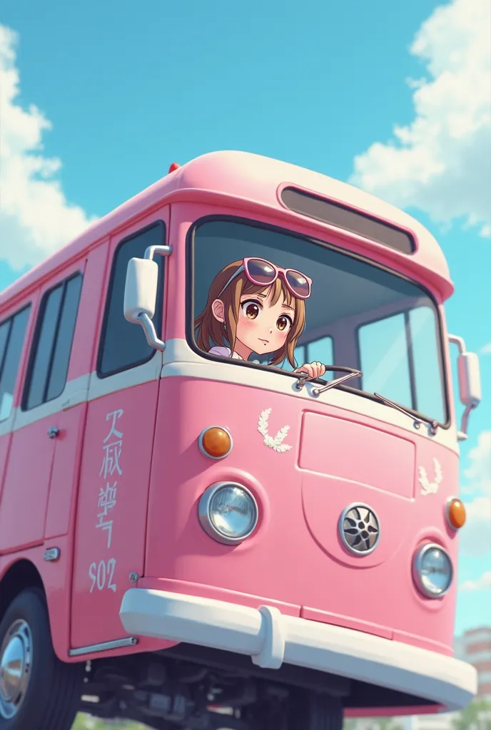 Create an image of a girl from the anime driving a pink bus with a white gradient, The girl must have light brown hair and light brown eyes and must have sunglasses, Create something that looks great, that leaves me with my mouth open