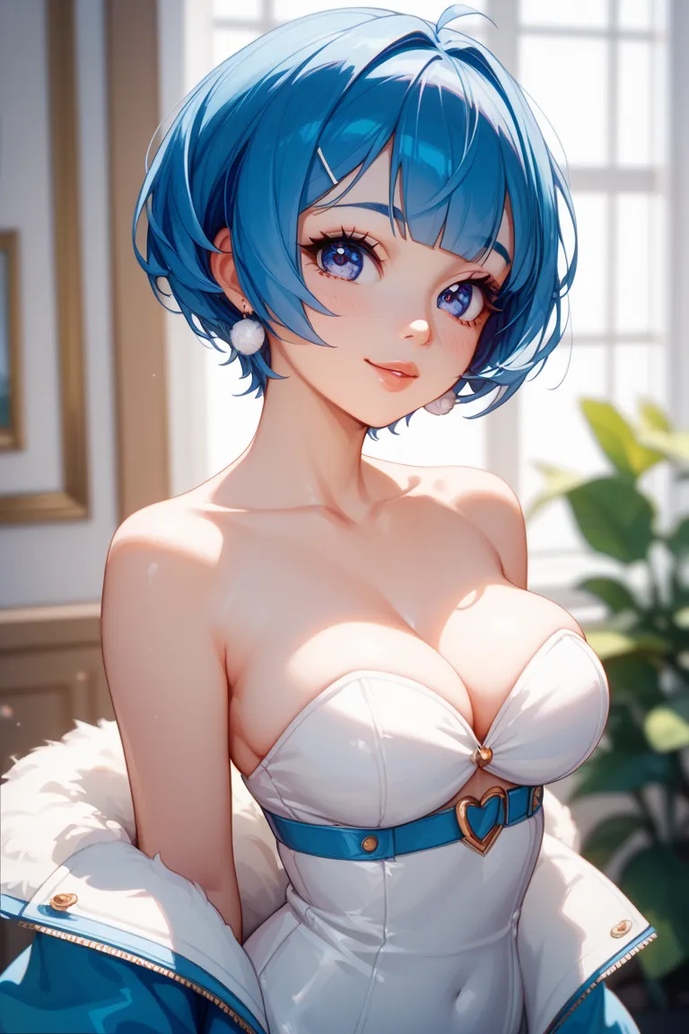  blue haired girl、Shortcut、chest is big、A beautiful woman with characteristic slender eyes、cute white idol costume that doesn't show breasts、A standing picture that looks like a vootuber、I love penguins