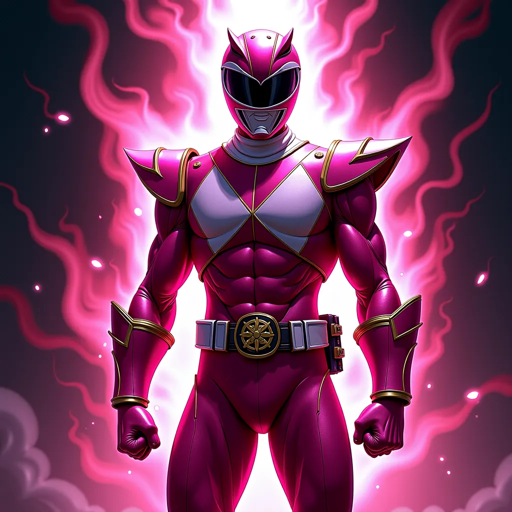 ilustracion Pink Mighty Morphin Power Ranger, illustration capturing the intensity of power, in the background vibrant colors between pink and black. t-shirt with detailed textures and realistic expressions
