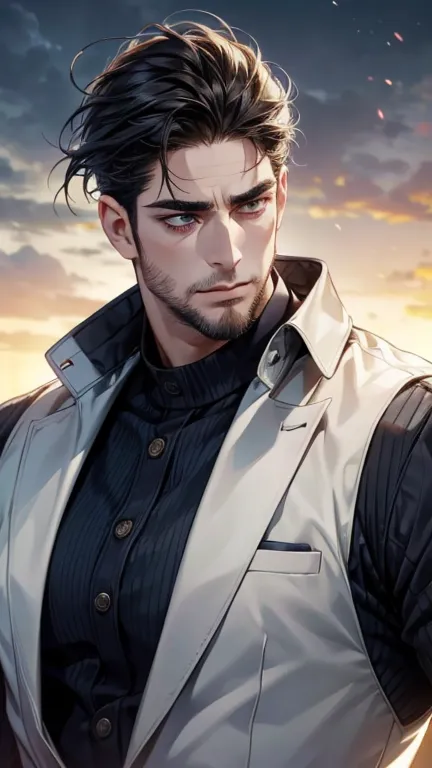 (best quality,4K,8k,highres,masterpiece:1.2),breasts,(Realistic,photoRealistic,photo-Realistic:1.37),36-year-old man,3 day beard,Cute anime ,Portraits,strong,masculine, dark hair,sharp jaw, mesmerizing eyes , perfectly styled hair, cool anime outfit,confid...