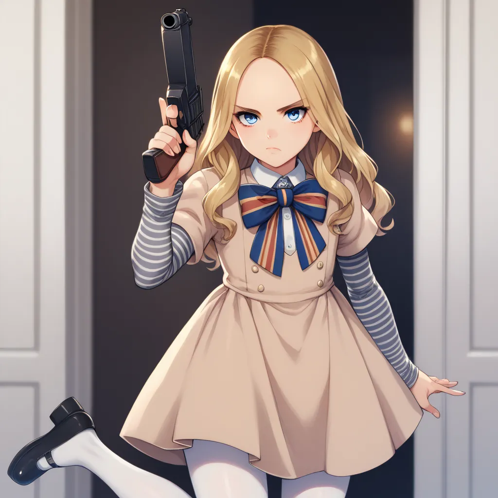 トップクオリティ, M3GAN,1girl, solo, long hair, blue eyes, blonde hair, forehead, beige dress, striped sleeves, big bowtie, multicolored bowtie, white pantyhose, shoes, mary janes,shooter,holding gun with both hands，