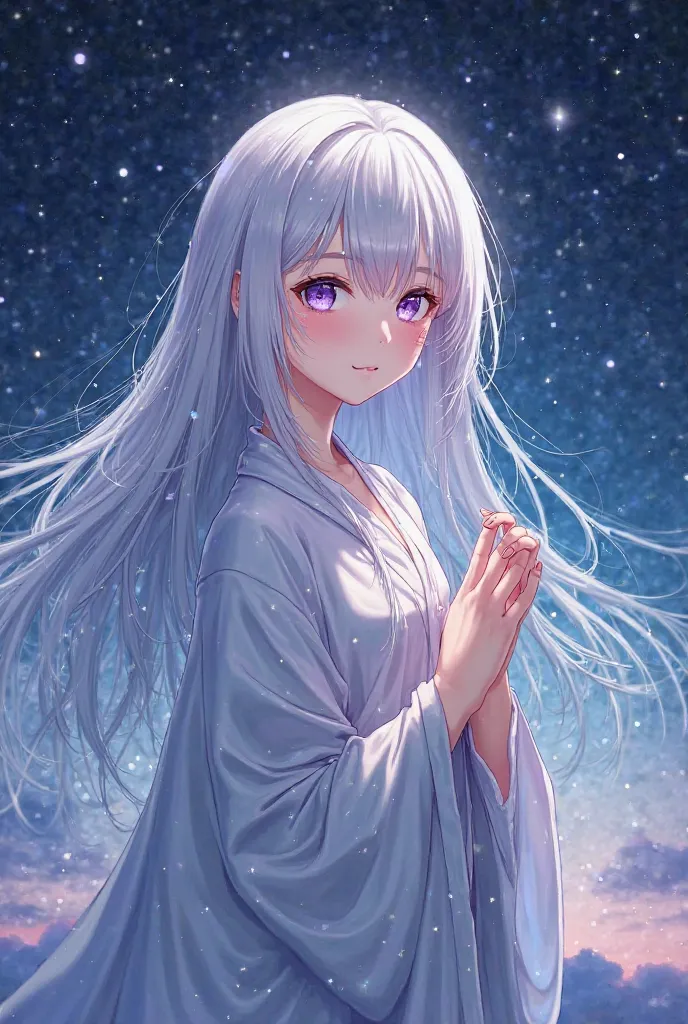 gray hair close to white,  long hair,  purple eyes, pretty girl, light novel,  Flowing Down , Starry Sky, Robe, Draw your hands a little better