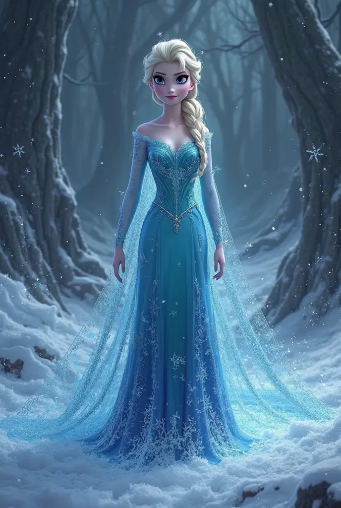 Elsa from Frozen that she comes out full body and the background of snow with darkness and doesn't come out so that it's dark fantasy