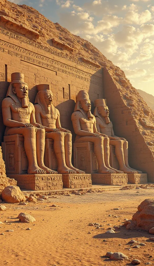 *"A detailed and realistic view of the Temple of Abu Simbel, with its four colossal statues of Ramses II carved on the face of the cliff.  The scene is illuminated by the golden light of the sunset , highlighting the intricate hieroglyphics and architectur...