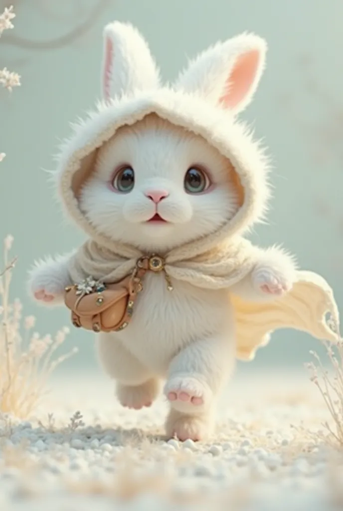 3D rendering of a white fluffy rabbit walking with a cape on its head and a bag on its back