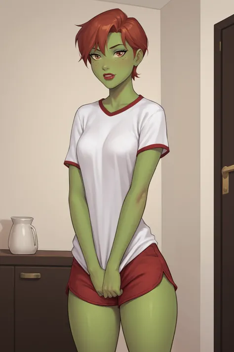 PonyXLV6_Scores BREAK (perfect anatomy, perfect eyes), BREAK mgann morzz, short hair, red hair, colored skin, green skin, freckles, brown eyes, makeup, lipstick, flirting, oversized baggy t-shirt, pajama short shorts, curvy, standing, indoors, thick thighs