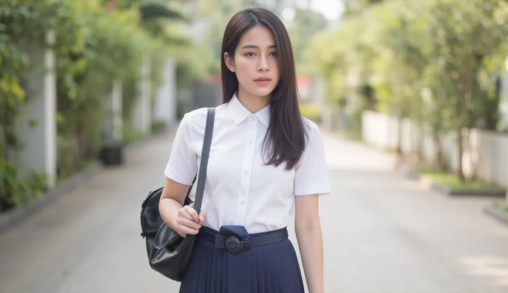 A Thai high school girl, 18 years old, standing alone. She has long dark hair that falls past her shoulders, wearing a traditional Thai high school uniform consisting of a white short-sleeved blouse and a navy blue pleated skirt. Her expression is calm yet...