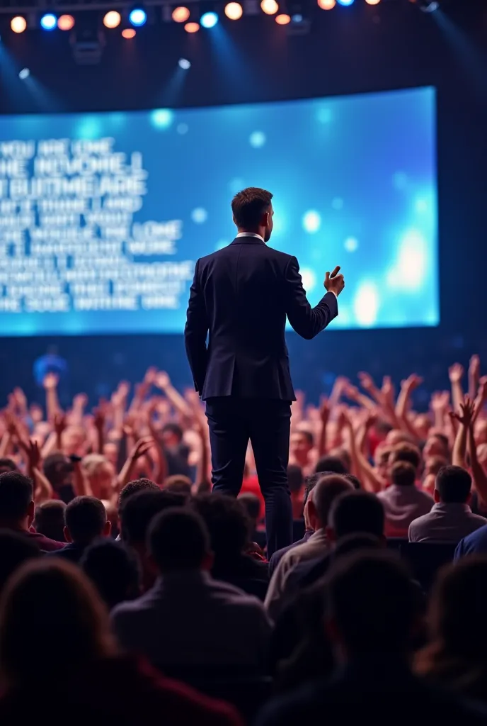 "A famous motivational speaker standing on a grand stage, holding a microphone in one hand, passionately delivering an inspiring speech. The crowd is engaged, some cheering, others deeply moved. The speaker has a confident expression, bright stage lighting...