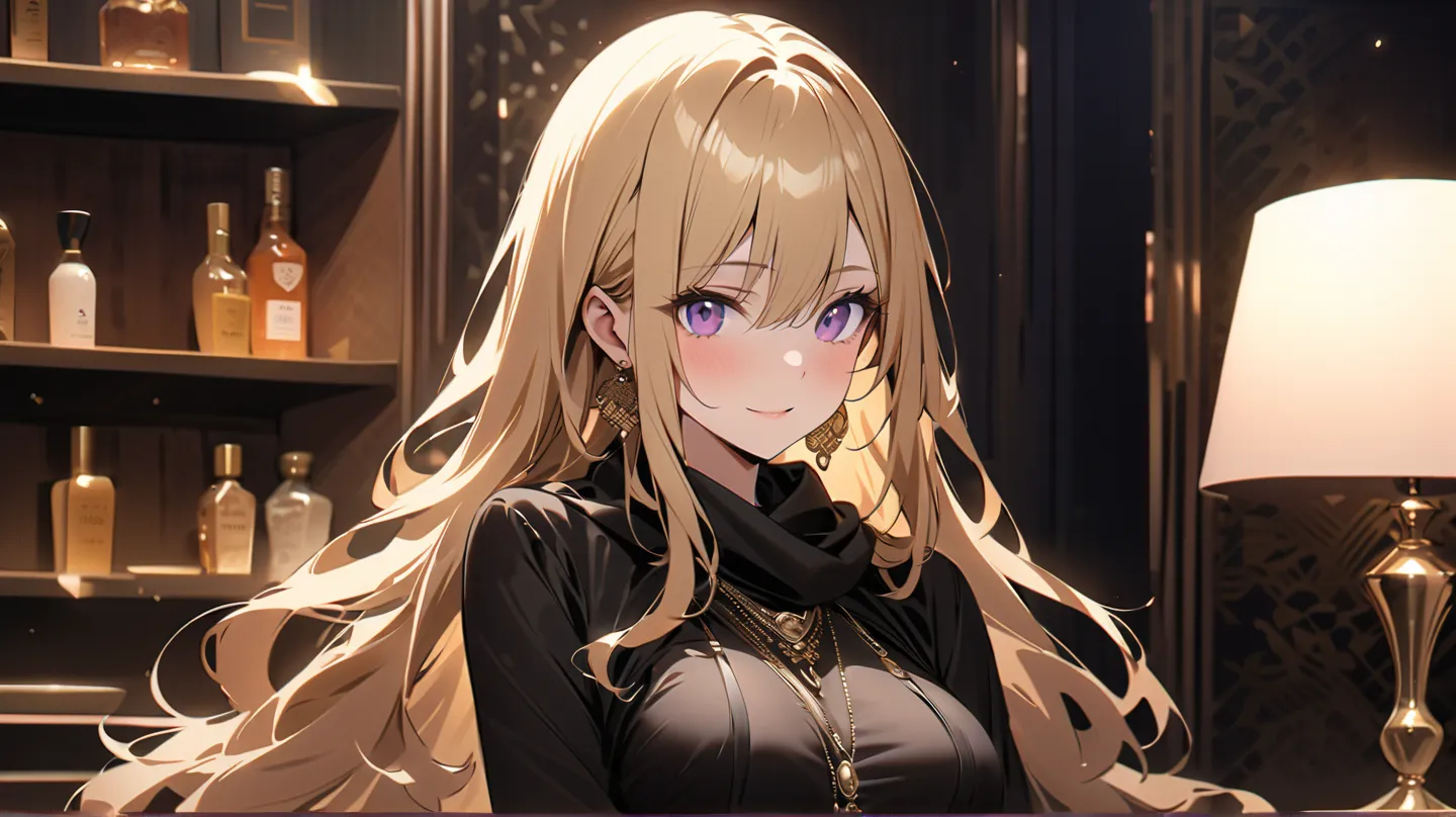 1 girl, alone, solo,
((Top Quality、High Resolution、 highly detailed 8k wallpaper))

purple eyes, long hair,blonde hair,medium boobs,Hair between the eyes,mature,

Wear luxurious gold accessories There {x} is a beautiful woman selling luxury goods in a luxu...