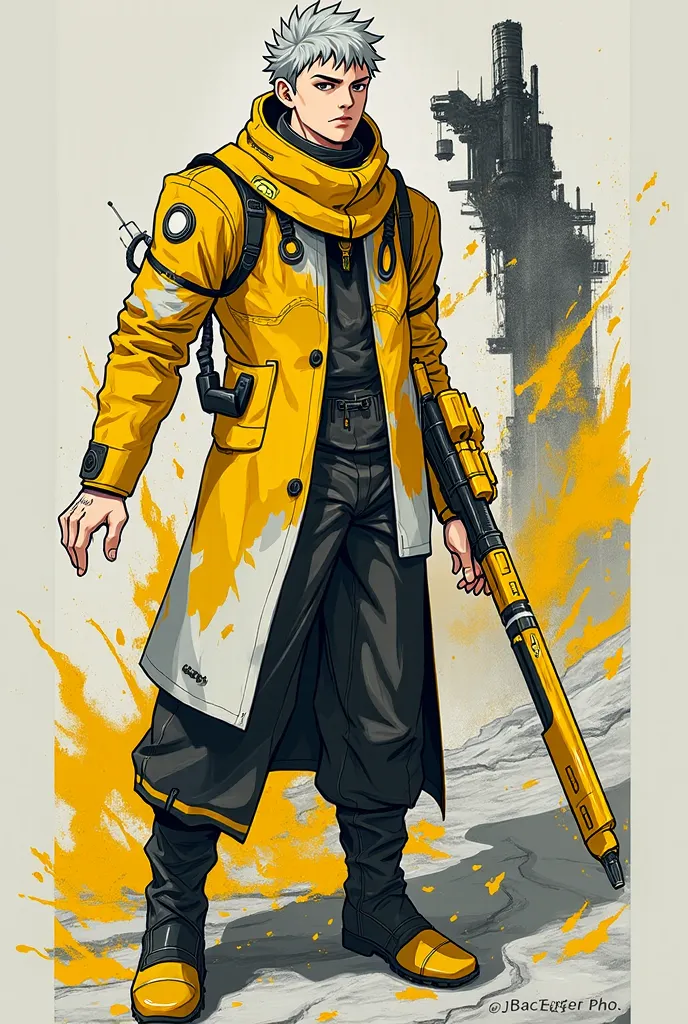 Generate an image of can you make one for me but the color of the coat is 30% gray 30%yellow 15%black 25% white modern design detailed anime stif pose