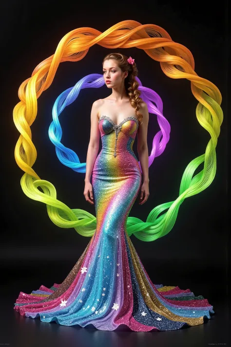 Take this image and multiply the number of swirl lines around the woman while infusing lots of vibrant neon luminescent colors in the swirls as well. Make her mermaid gown highly reflective, mirror like, so all the light hits it, and reverberates it into t...