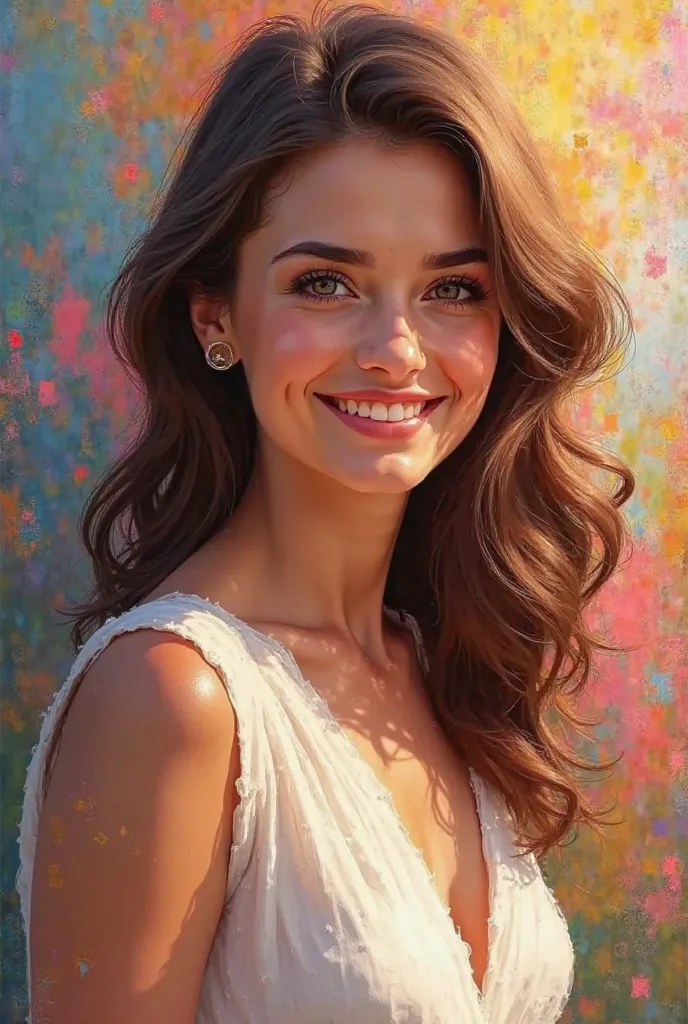 Happy Women's Day lyrics, portrait of a smiling woman, cheerful expression, Brown hair, white dress, colorful abstract background, oil painting, Realist painting, warm lighting, female theme,  digital art, ultra detailed, 4k, vibrant colors, brushstroke ef...