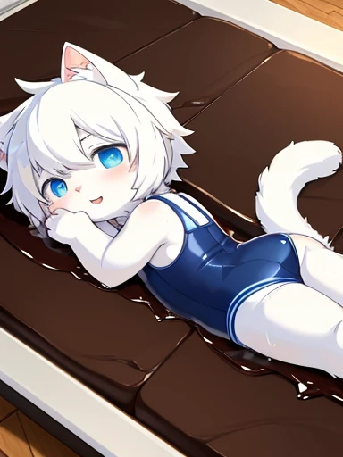 4K， 8k， Hi-res ，  masterpiece, best quality，blue eyes, furry, alone, Wearing a chocolate sauce swimsuit， Wet fur, Drowning in chocolate sauce，((  White cat，Shota))In the amusement park，巧克力酱粘在  White cat身上，lying on chocolate cake