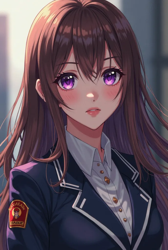 Beautiful brown haired girl with purple eyes wearing Toman uniform from Tokyo revengers anime and Tokyo revengers artstyle 