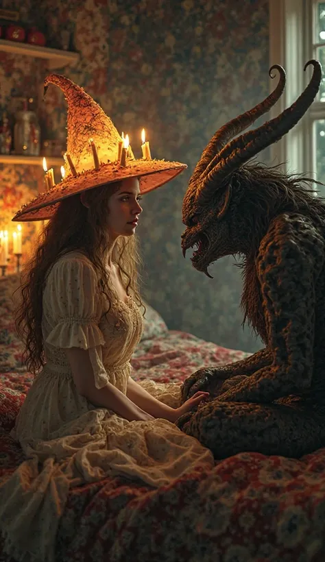 A beautiful witch girl with her candle hat sitting on the bed talking to a Demon