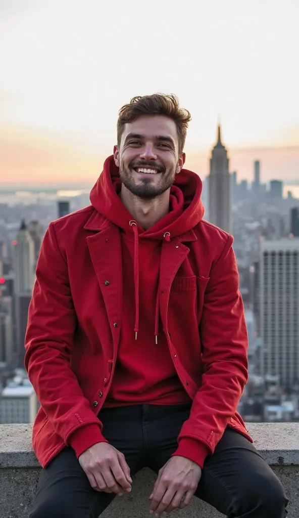 arafed man sitting on a wall  With a city in the background,smiling,happy face, Red coat, wearing a Red coat, Urban fashion ,  cool red sweater  ,   wearing a crimson hoodie  , Sitting on the roof ,  normal street clothes  ,   sitting on the roof of a skys...