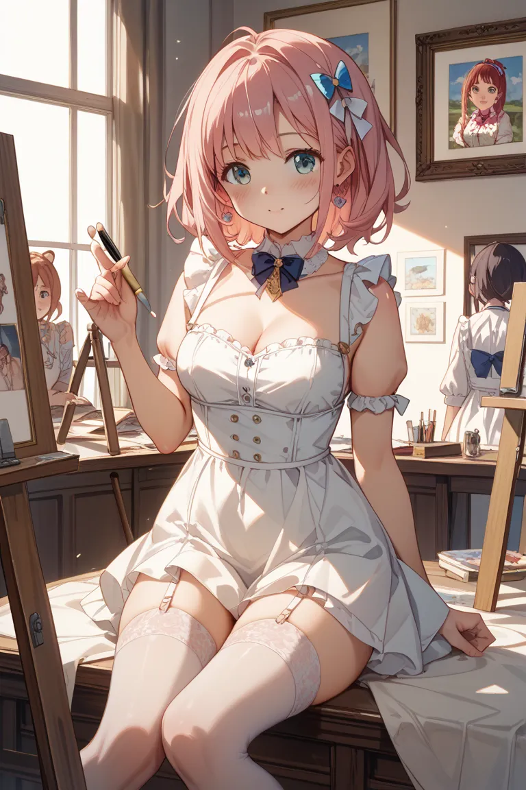 Kizuna Ai、Drawing Class、4 girls、Small private room、blush、 atelier 、canvas、easel、look here、white dress、The back is exposed、garter belt、Young lady、Drawing in progress、 turn around、Thighs