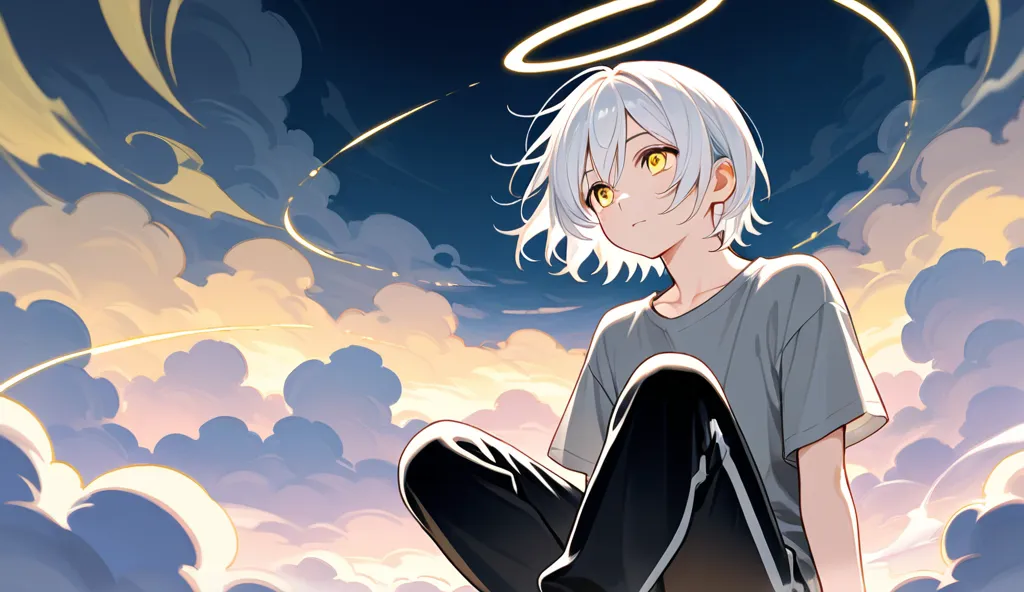 Angel without a aurela, short white hair, bright yellow eyes, gray t-shirt with black pants, Sitting in the clouds while the night surrounds him