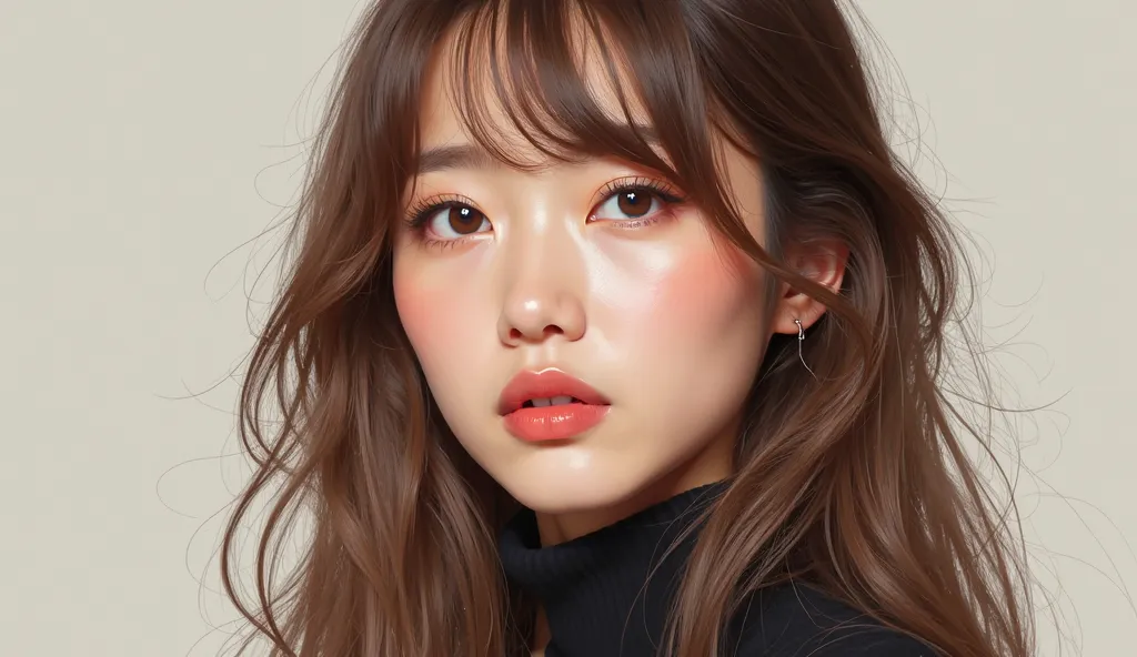 32K,  best quality ,  Greatest Masterpiece, (ultra- detailed background,  detailed background),  Illustration of a Korean woman in her 20s with long light brown hair and bangs,  Realistic photo , painting