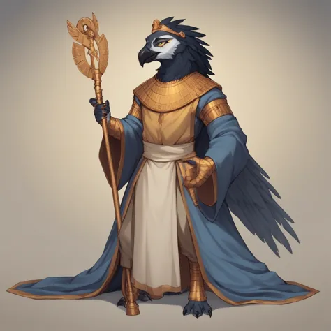 RPG character avatar. Full-body. Single character. Cartoon style. Horus. He has curved beak and piercing eyes exude. His head resembles that of a peregrine falcon, with sleek feathers covering his scalp.

His body is human. The Head is perfectly falcon. Th...