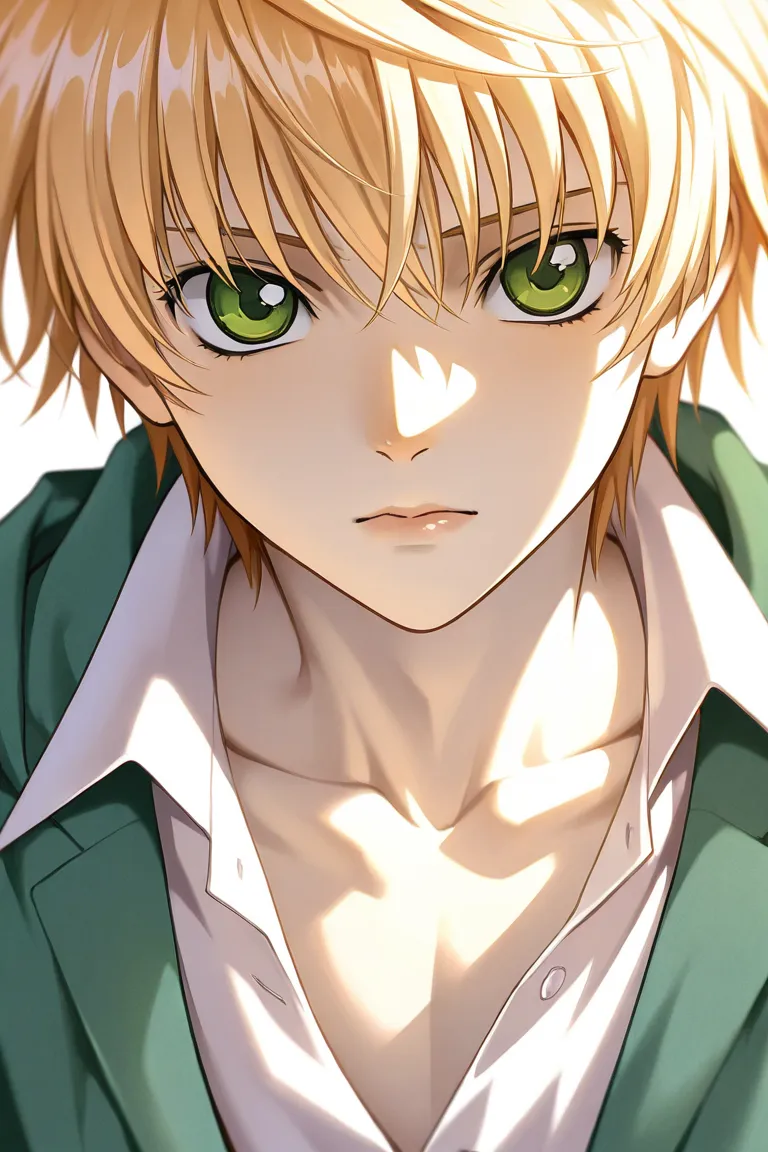 A tall, 23-year-old boy、blond hair, bright warm green eyes, Kind and friendly,  white skin,white shirt.  open collar.Older brother with sex appeal,lips,Thick neck,collarbone,CLAMP Tsubasa Chronicle style pattern. High Resolution, masterpiece, white backgro...