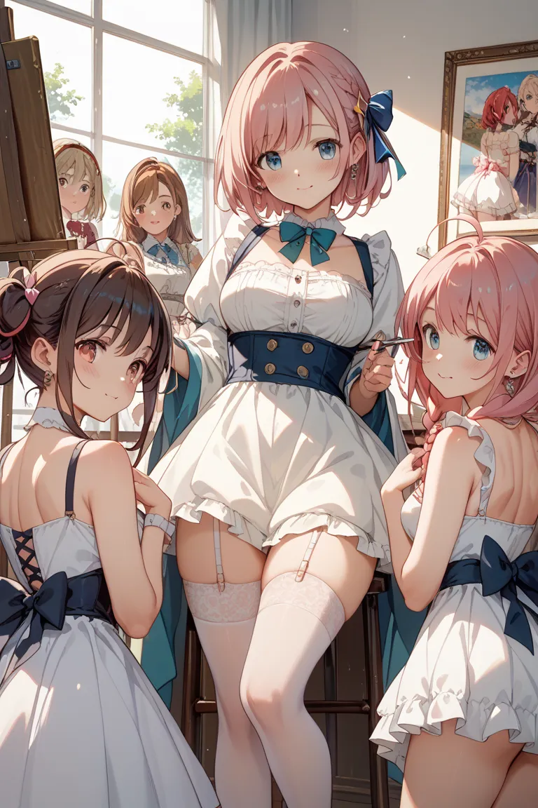 Kizuna Ai、Drawing Class、4 girls、Small private room、blush、 atelier 、canvas、easel、white dress、The back is exposed、garter belt、Young lady、Drawing in progress、 turn around、Thighs