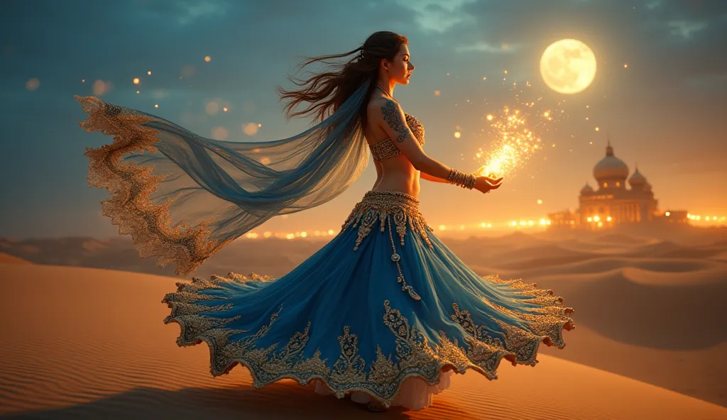 **Prompt:**  

A mesmerizing and cinematic **4K ultra-HD** depiction of a **beautiful, gorgeous, hot, and glamorous** belly dancer performing a hypnotic twirl under the moonlit desert sky. She is adorned in an **ornate golden and sapphire blue outfit**, wi...