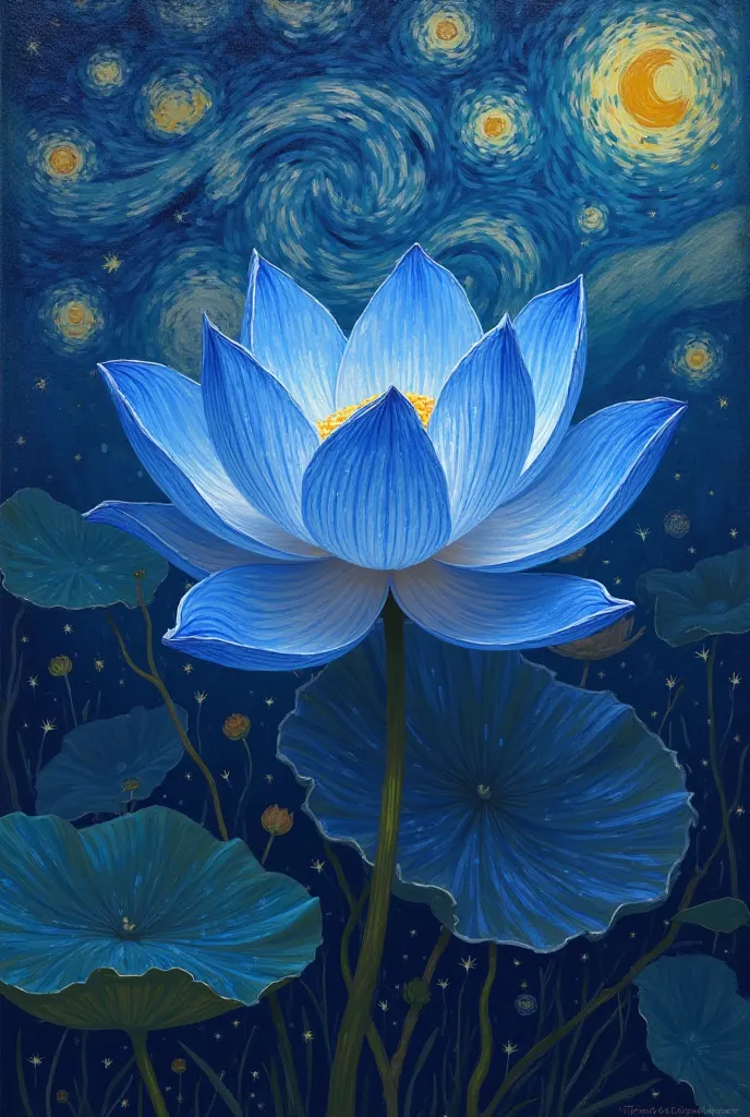 A blue lotus flower against the background of Van Goh's starry sky