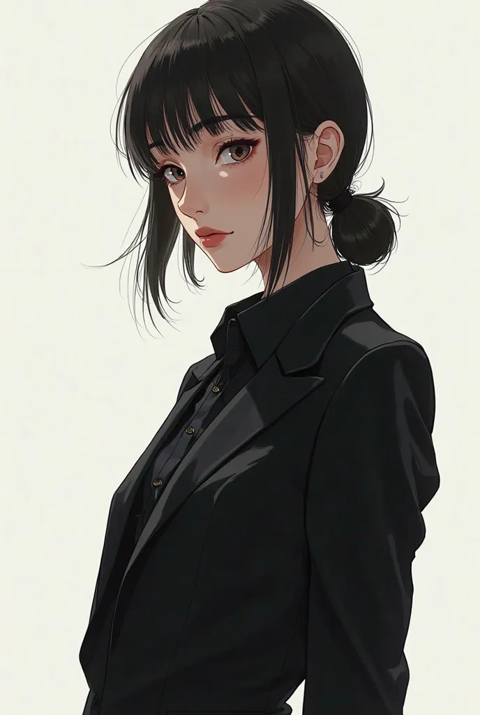 a girl in a black modern suit face cold iron face with a high nose and height 1m70 anime character only