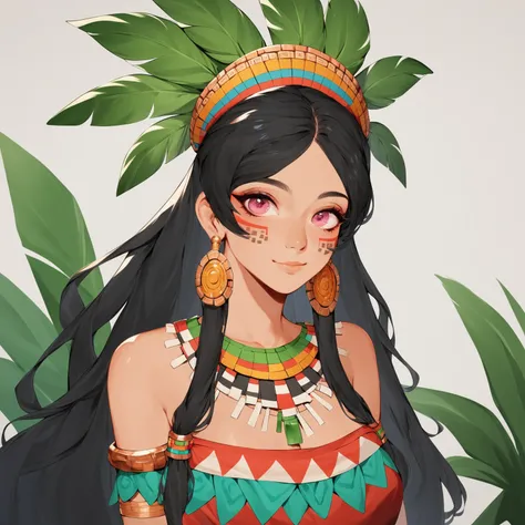 aztec girl, beautiful girl, aztec ornament, black hair, long hair, pink eyes, beautiful multicolored chest band, multicolored skirt, human ears, in full growth, (light blush:1.0), thoughtful face, (anime style:1.0), white skin, (imperious face:1.0), (nice ...