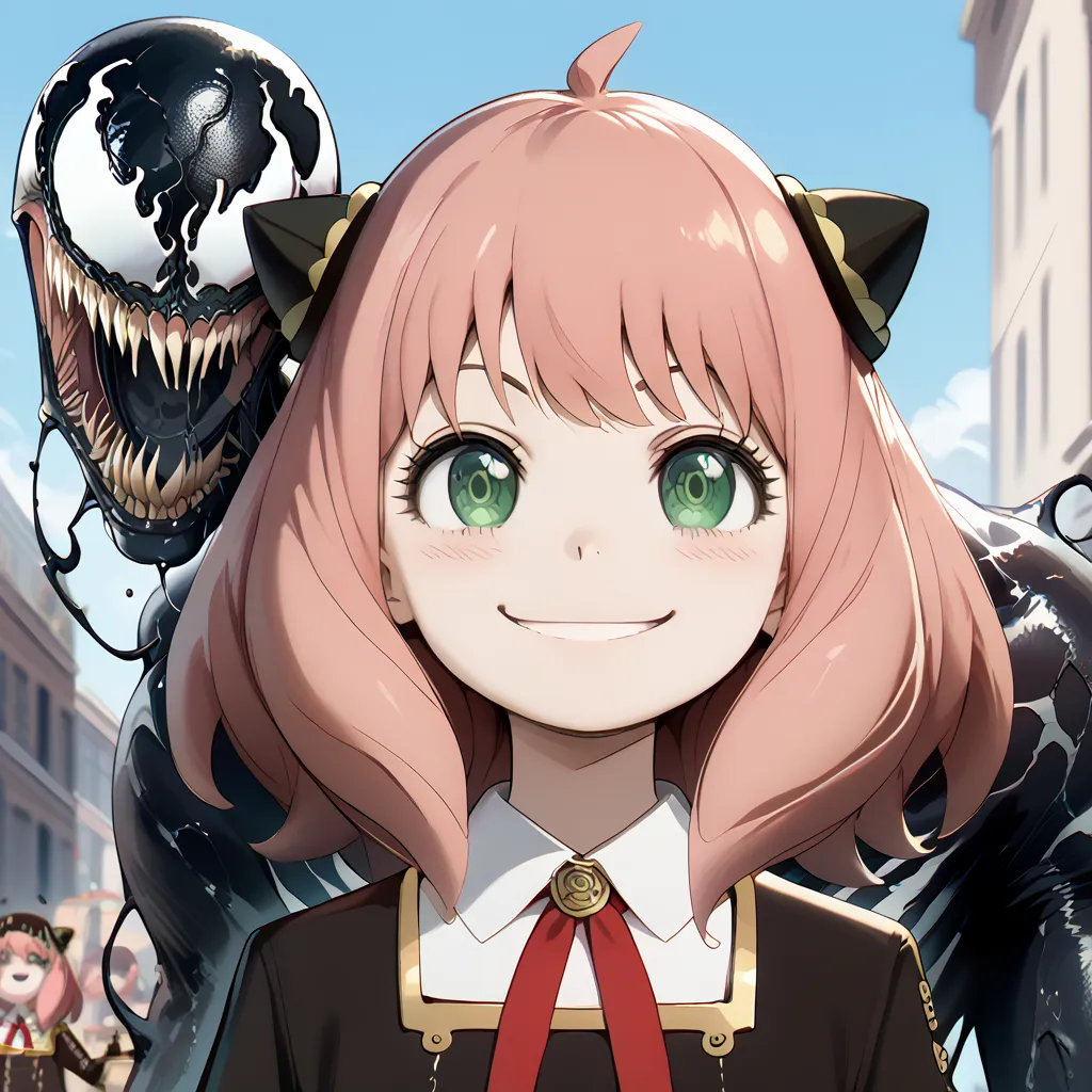 (best quality)), ((masterpiece)),Anya forger, 1girl ,Alone,dress,hairpods,gold trim, red ribbon,smile,black dress,school uniform,collared shirt,eden academy school uniform,hoge,meme,venom_assimilation,