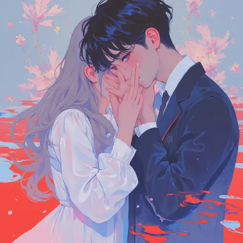  1girl , long hair,  black hair, long sleeves,  white dress、 cover your face with your hands、BREAK 1boy, 25yo、blue eyes、Blonde、 slender、short hair、 suit、 face down、red puddle、masterpiece,best quality,amazing quality