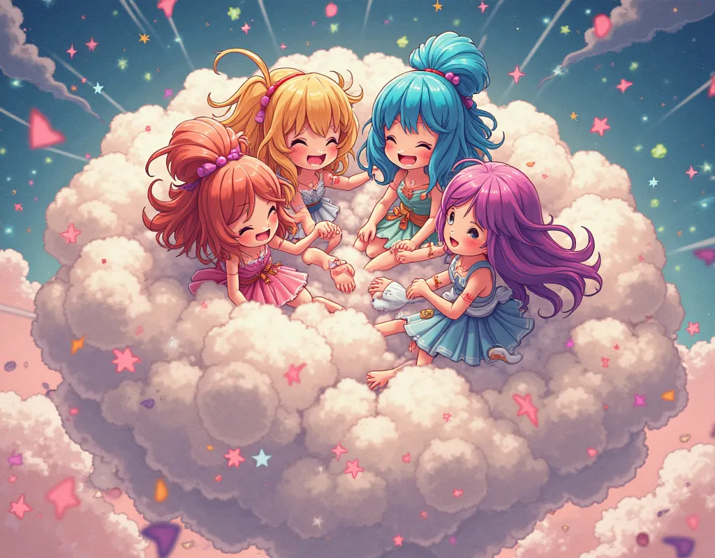 An anime-style illustration depicting many goddnesses playfully wrestling with each other inside a star comical fight cloud.
each goddness has different colored hair.
their faces,hands,and feet are visible emerging from the cloud as they tussle humorously,...