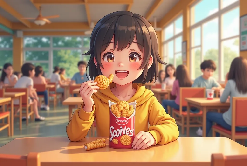 3d cartoon image, chibi style, A beautiful young female, 22 years old, bites into the "Munz's" snack and a wave of delicious energy shoots out from the snack pack. Surrounding area is a cafeteria in university, Animation, sharp focus, 32K, high resolution ...