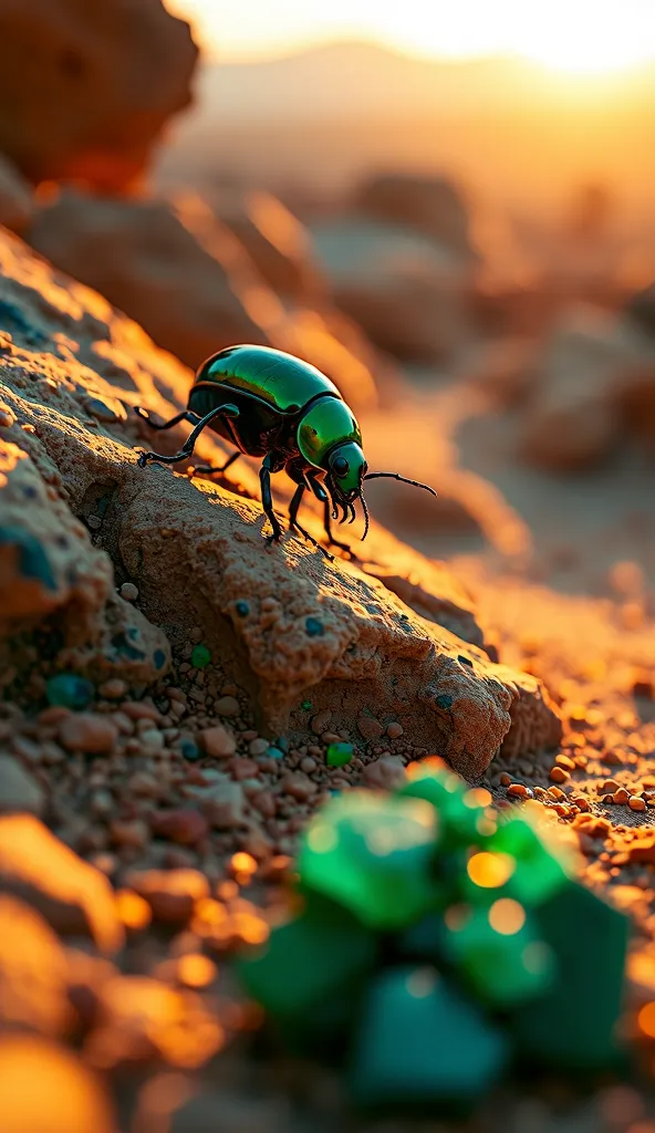 Epic golden-hour shot of a metallic-green scarab beetle climbing a weathered sandstone cliff. A cluster of raw emeralds sparkles in the foreground. Dust particles catch the sunset light. Ultra-wide shot, Sony A7R IV, f/2.8, dramatic chiaroscuro