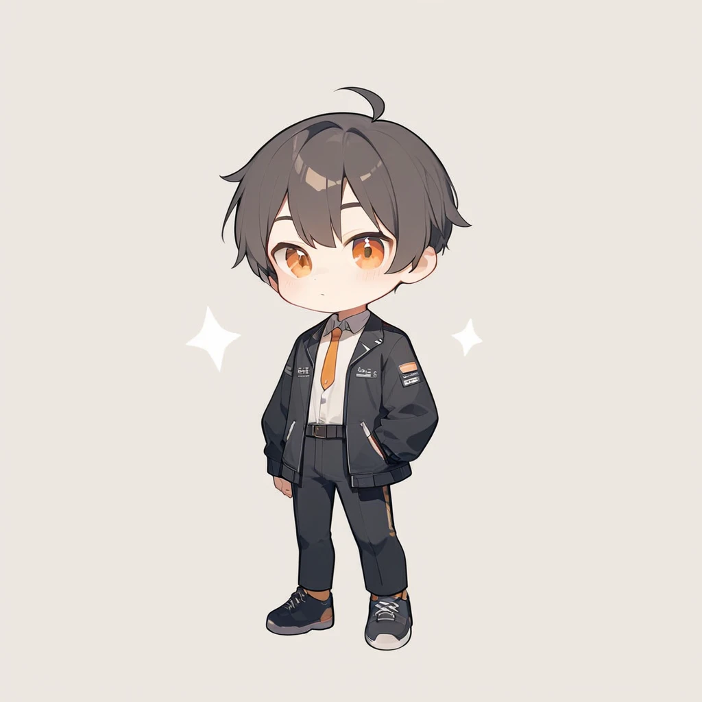  icon style illustration、(超High Resolution:1.2),(absurd:1.2),(High Resolution:1.2),(best quality:1.2), chibi,nice,simple pattern for background、 Hair、handsome、male、orange eyes、glittering black jacket、WhiteＹ shirt、 black pants ,Black right hand、The outline ...