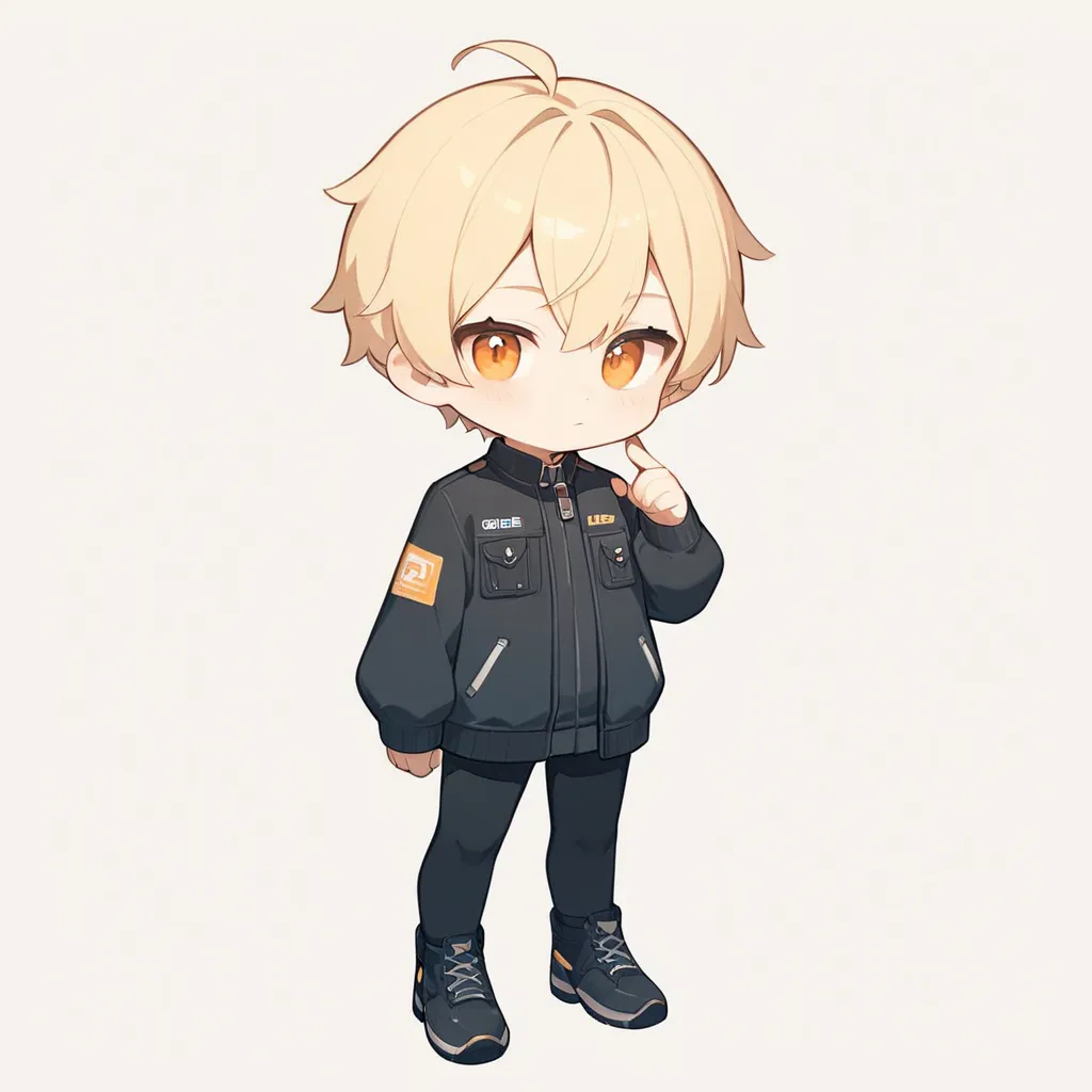  icon style illustration、(超High Resolution:1.2),(absurd:1.2),(High Resolution:1.2),(best quality:1.2), chibi,nice,simple pattern for background、 Hair、handsome、male、orange eyes、glittering black jacket、WhiteＹ shirt、 black pants ,Black right hand、The outline ...