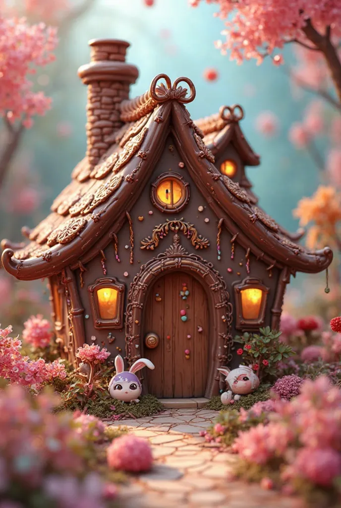 Anime cottage , cottage made of chocolate , colotful one , cute , this cottage has cute and colorful dogs around .. 