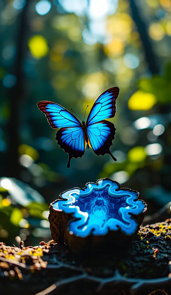 Vibrant blue morpho butterfly mid-flight, wings glowing neon-blue against a backdrop of lush foliage. A lapis lazuli geode rests on a mossy log, reflecting dappled sunlight. High-speed shutter, 8K macro, Canon EOS R5. Hyper-realistic, electric color contra...