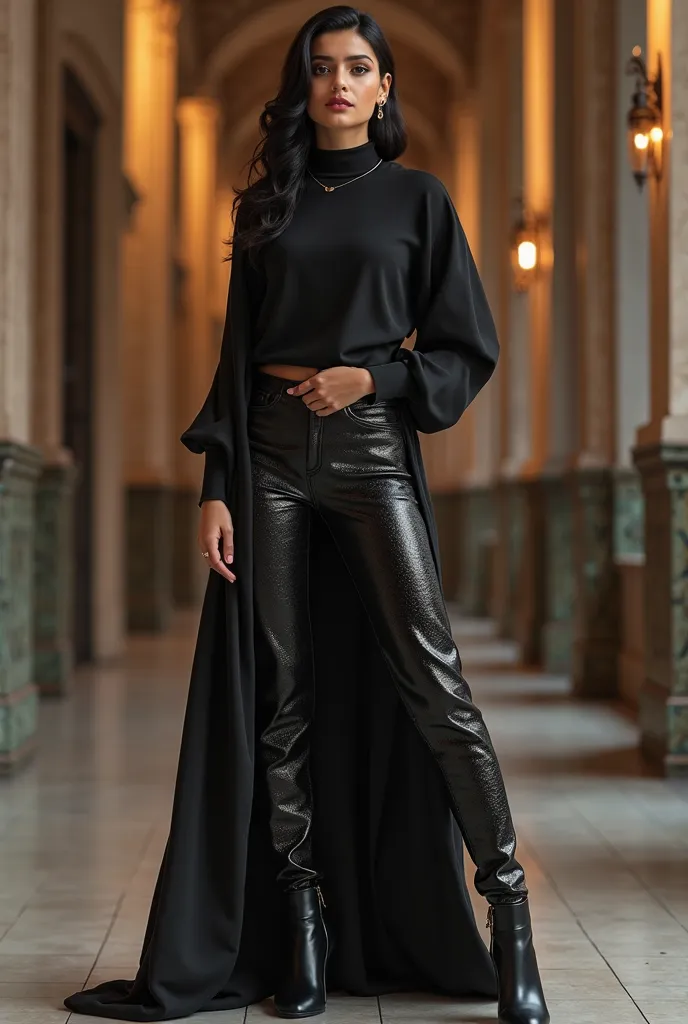 A Pakistan beautiful stylish women 20 years white skin and Black hair and Black bodysuit pullover neck tight shirt and black shining pants and black shining boots for women cute high quality 8k uhd upscale standing women cutest 