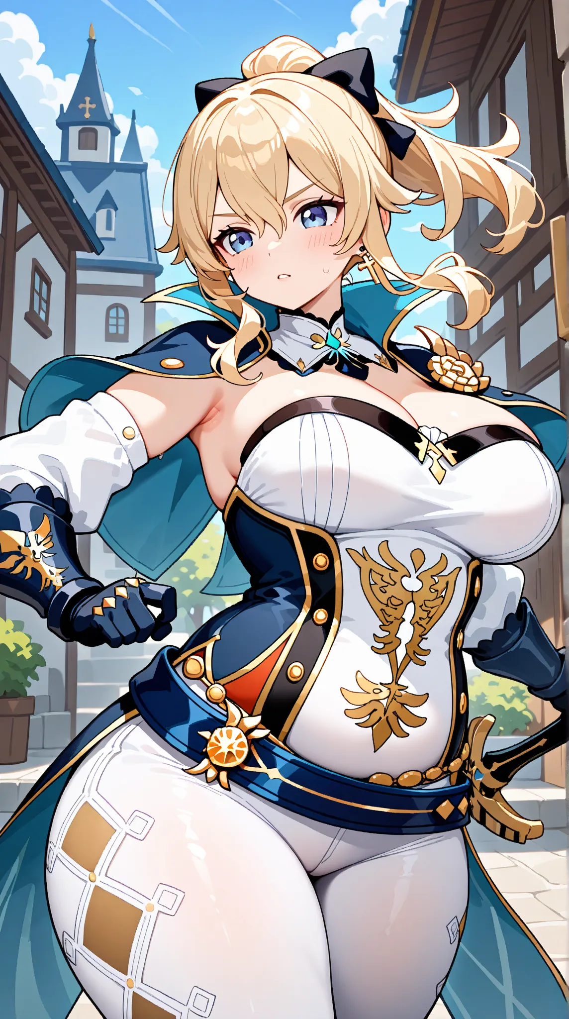   jean (genshin impact), 1girl, solo, looking at viewers, long hair, blue eyes, blonde hair, gloves, jewelry, large breasts, thick thighs, ponytail, hair bow, detached sleeves, belt, strapless, capelet, corset, white pants, tight clothes, cross earrings, t...