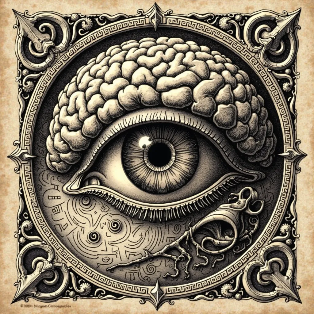 A hyper-detailed, masterfully engraved woodcut illustration of an ancient mystical eye, inspired by the Eye of Horus, seamlessly fused with a human brain in the center of the pupil. Every neuron and fold of the brain is meticulously carved with elaborate, ...